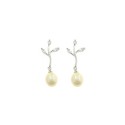 Pendant earrings with branch attachment with leaves of white zircons and oval pearl, white gold plated in 925 silver