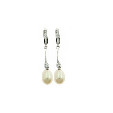 Pendant earrings with rigid wand attachment with 3 white zircons and oval pearl plated white gold in 925 silver