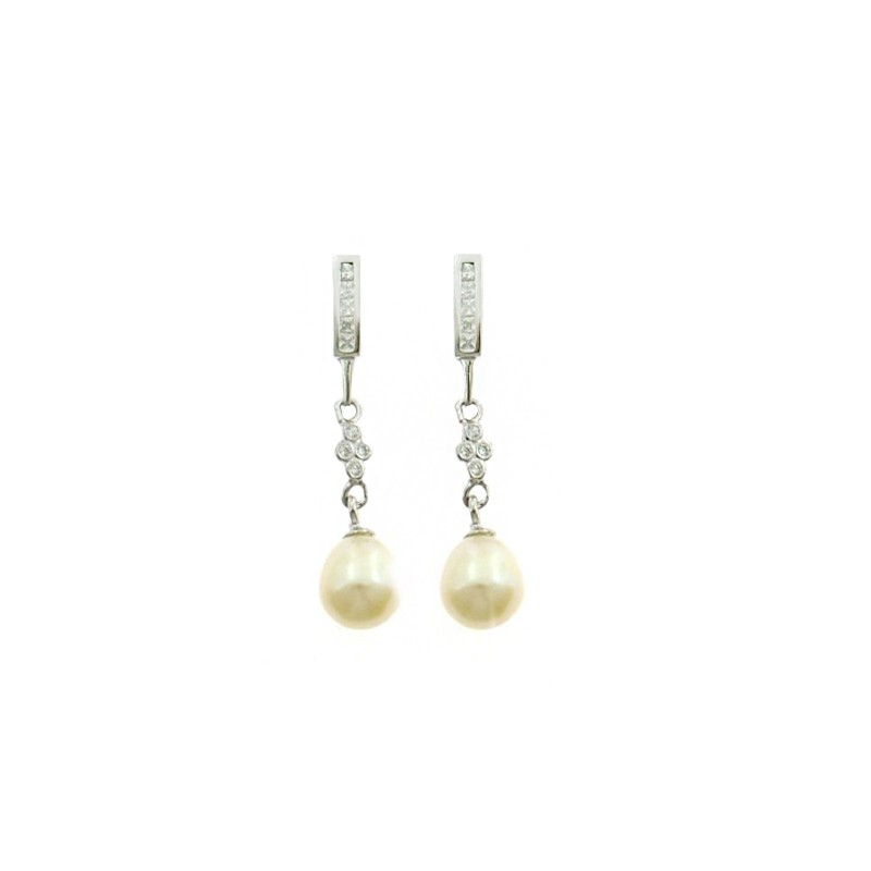 Pendant earrings with zircon rail attachment, cross of white cubic zirconia chives and pearl plated white gold in silver