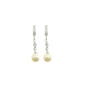 Pendant earrings with zircon rail attachment, cross of white cubic zirconia chives and pearl plated white gold in silver