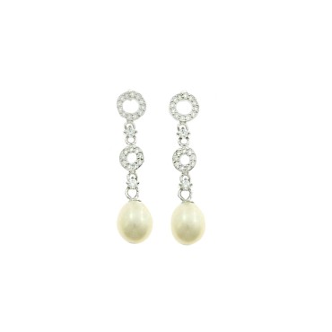 Orecchini pendenti con sagome tonde degradè zirconate bianche alternate a punti luce e perla ovale placcati oro bianco in argent