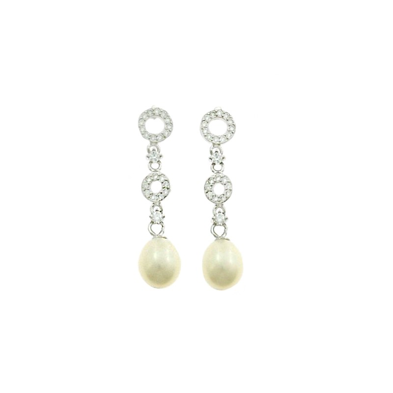 Orecchini pendenti con sagome tonde degradè zirconate bianche alternate a punti luce e perla ovale placcati oro bianco in argent