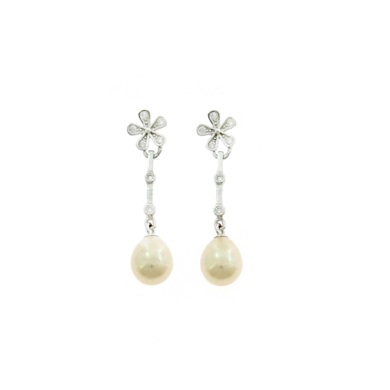 Pendant earrings with white zircon flower attachment, rigid segment with chives and oval pearl gold-plated b