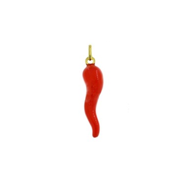 Ciondolo corno smaltato rosso corallo 35x9 mm placcato oro giallo in argento 925