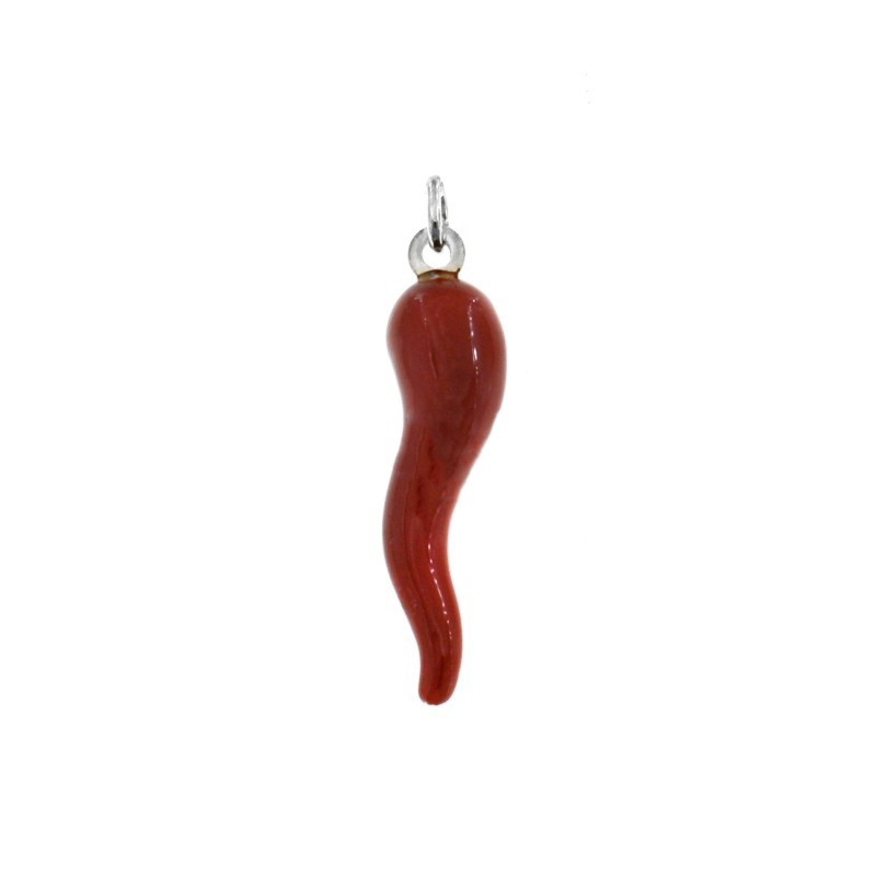 Ciondolo corno smaltato rosso 42x10 mm in argento 925