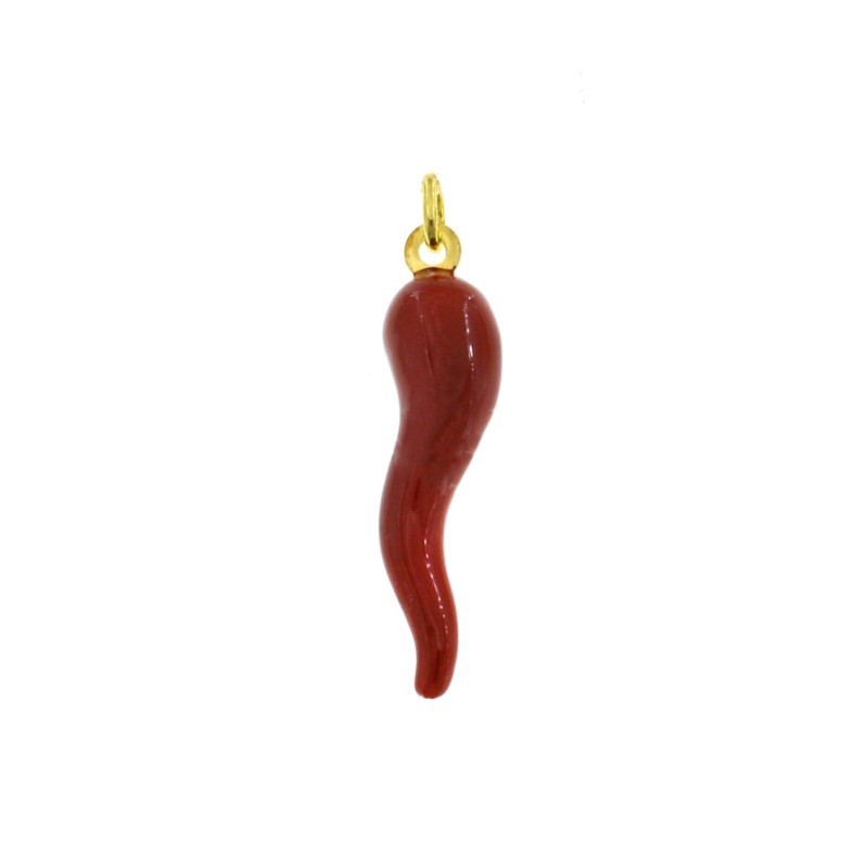 Red enameled horn pendant 42x10 mm yellow gold plated in 925 silver