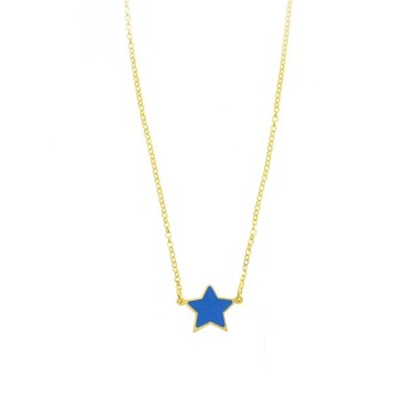 Diamond-coated rolo chain necklace with central star in light blue enamelled plate, yellow gold plated in 925 silver