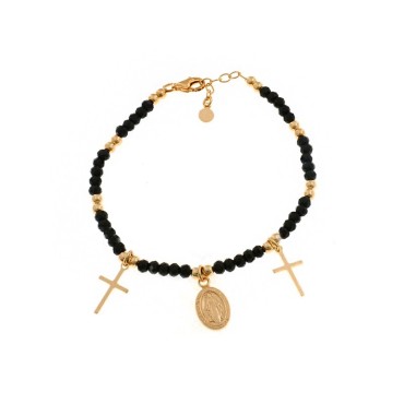 Black swarovski mesh bracelet alternating with shiny spheres with plate crosses and miraculous medal pendants rose gold plated
