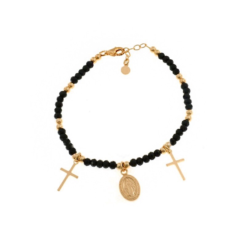 Black swarovski mesh bracelet alternating with shiny spheres with plate crosses and miraculous medal pendants rose gold plated