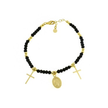 Bracciale maglia swarovski neri alternati a sfere lucide con croci a lastra e medaglia miracolosa pendenti placcato oro giallo i