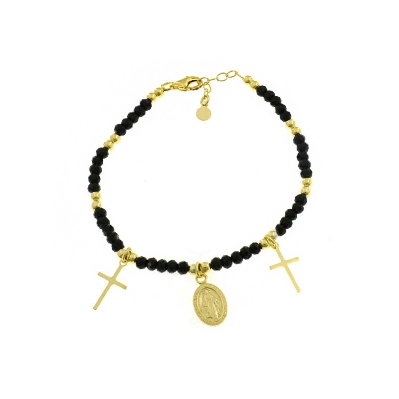Bracciale maglia swarovski neri alternati a sfere lucide con croci a lastra e medaglia miracolosa pendenti placcato oro giallo i