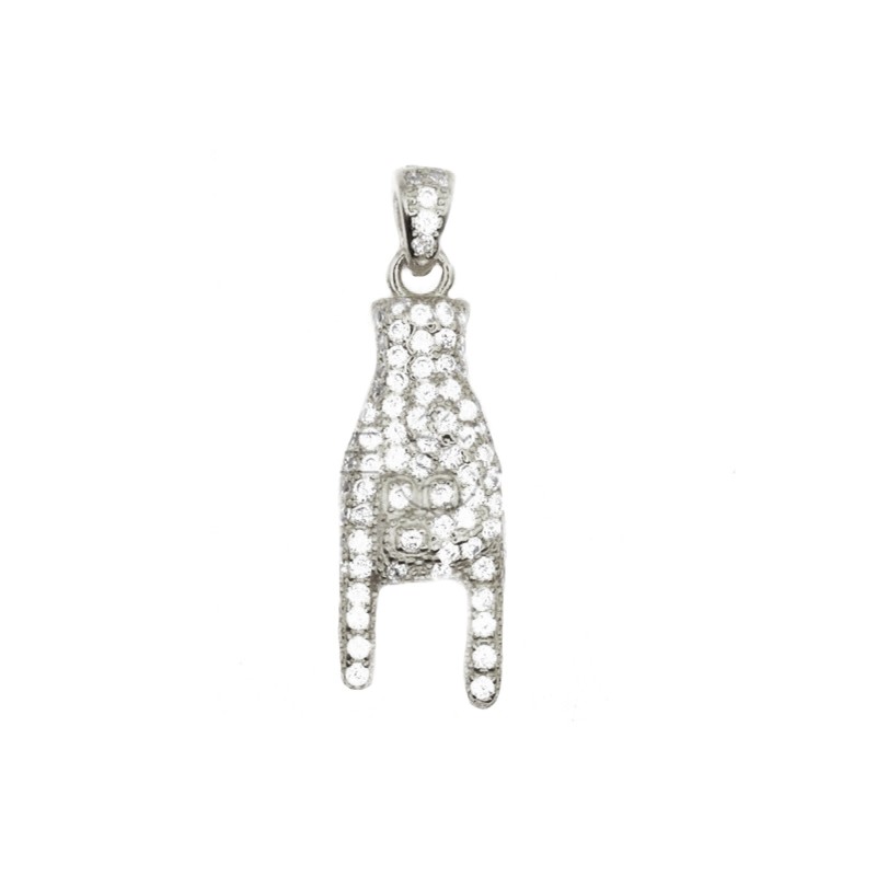 Rounded horns pendant in white zircons pave with white gold plated zirconia counter-link in 925 silver