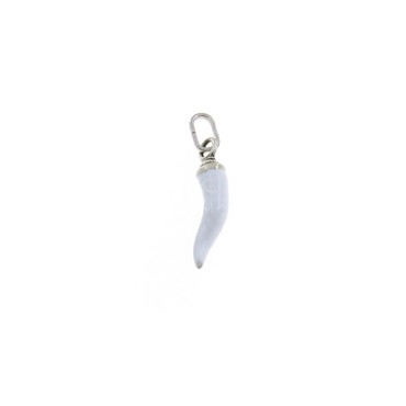 White enameled horn pendant 5x18 mm with crown in 925 burnished cast silver