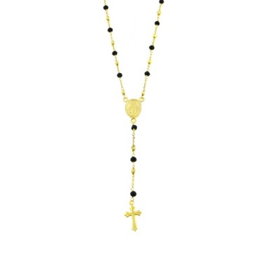 Yellow gold plated Y-shaped rosary necklace with black swarovski and 3.5 mm square nuggets and paired and shaped cross in silver