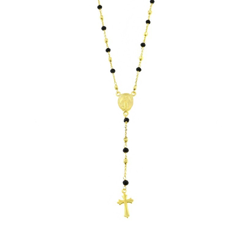 Collana rosario a Y placcato oro giallo con swarovski neri e pepite quadrate da 3,5 mm e croce accoppiata e sagomata in argento 