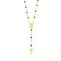 Yellow gold plated Y-shaped rosary necklace with black swarovski and 3.5 mm square nuggets and paired and shaped cross in silver