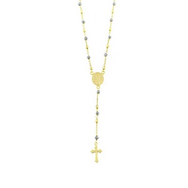 Collana rosario a Y placcato oro giallo con sfere faccettate in ematite e pepite quadrate da 3,5 mm e croce accoppiata e sagomat