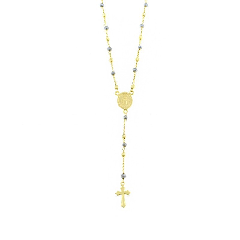 Collana rosario a Y placcato oro giallo con sfere faccettate in ematite e pepite quadrate da 3,5 mm e croce accoppiata e sagomat