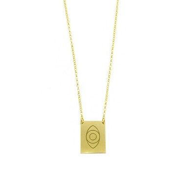 Diamond-coated rolled chain necklace with central plate with engraved eye in yellow gold plated 925 silver