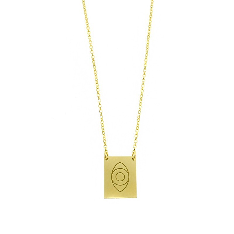 Diamond-coated rolled chain necklace with central plate with engraved eye in yellow gold plated 925 silver