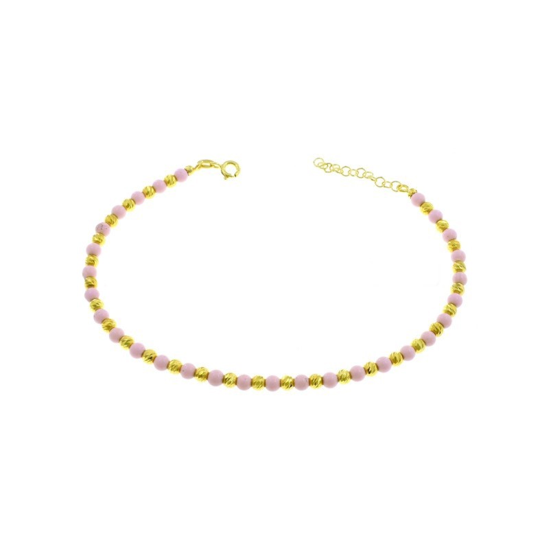 Anklet with diamond spheres and spheres in pink coral paste, yellow gold plated in 925 silver