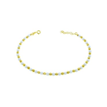 Anklet with diamond spheres and white agate spheres plated with yellow gold in 925 silver
