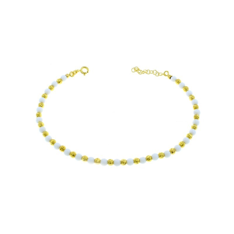 Anklet with diamond spheres and white agate spheres plated with yellow gold in 925 silver