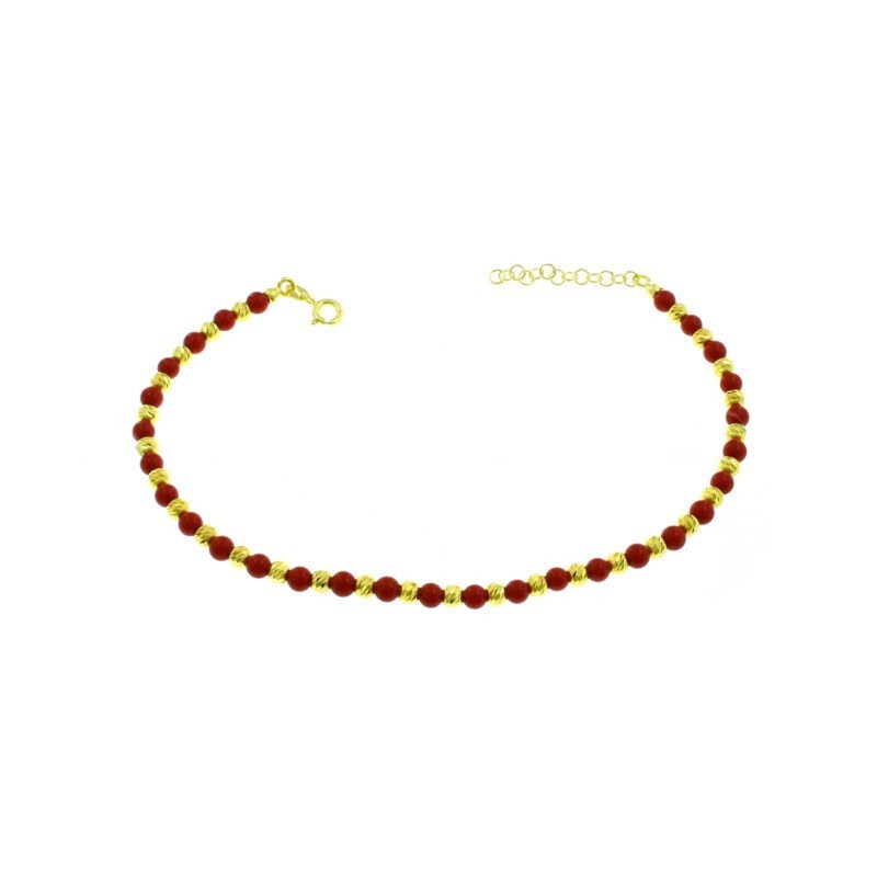 Anklet with diamond spheres and yellow gold plated coral paste spheres in 925 silver