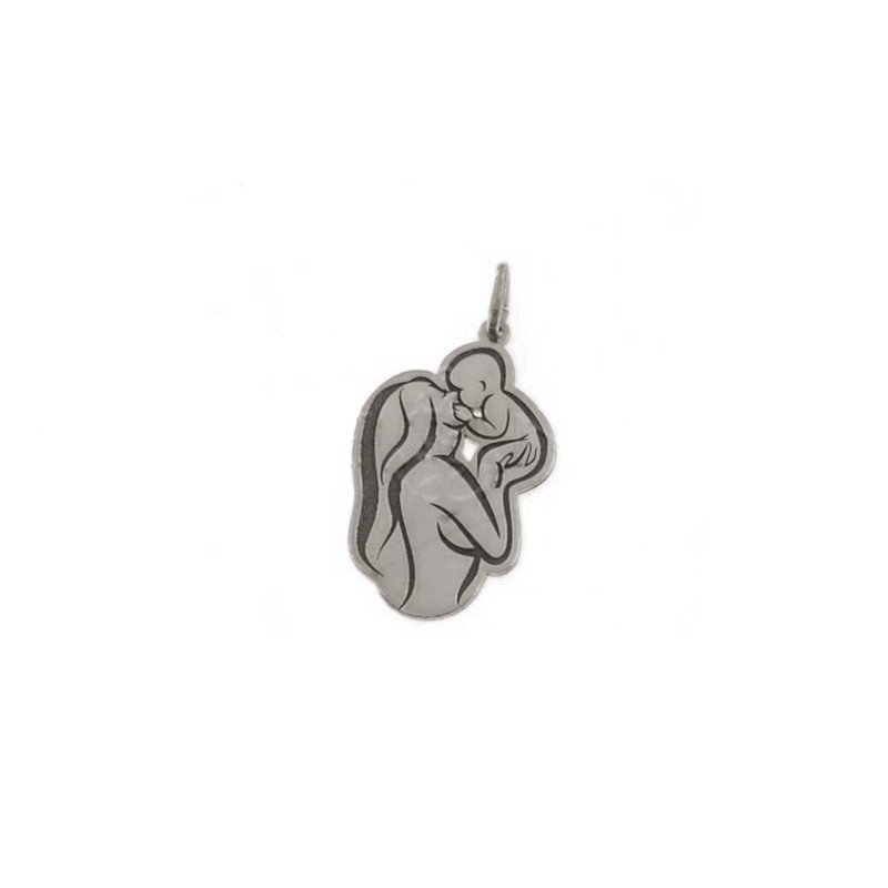 Pendant mother with baby in perforated and engraved plate white gold plated in 925 silver