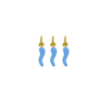Ciondoli corni 4x13 mm smaltati celeste placcati oro giallo in argento 925 (3 pz.)