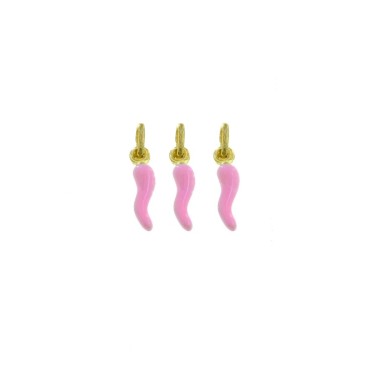 Pink enamel horn pendants 4x13 mm yellow gold plated in 925 silver (3 pcs.)