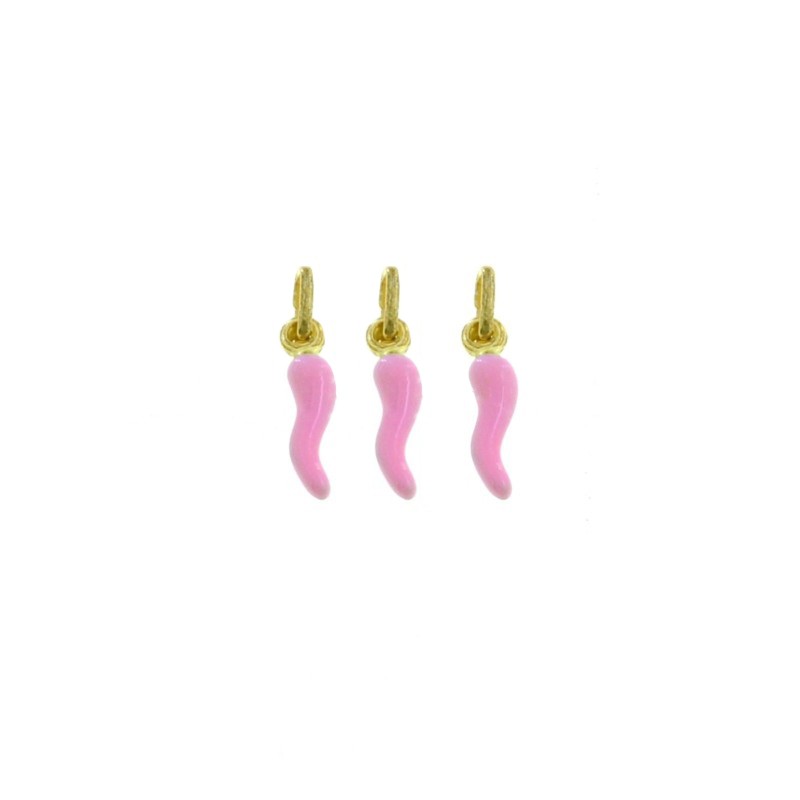Ciondoli corni 4x13 mm smaltati rosa placcati oro giallo in argento 925 (3 pz.)