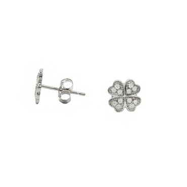 White zircon four-leaf clover lobe earrings with white gold plated snap attachment in 925 silver