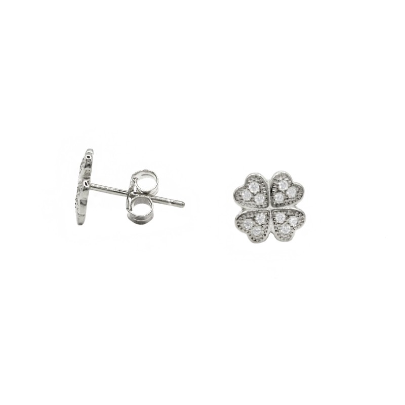 White zircon four-leaf clover lobe earrings with white gold plated snap attachment in 925 silver