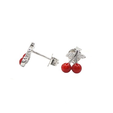 Orecchini a lobo ciliegia smaltata rossa e foglie zirconate bianche placcati oro bianco in argento 925