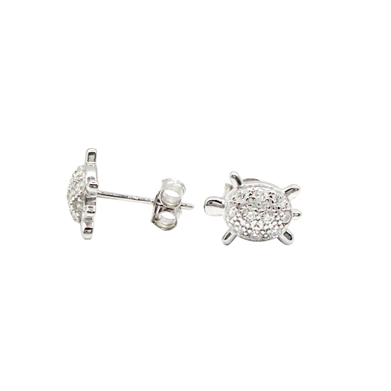 Turtle lobe earrings with white gold plated white cubic zirconia pave shell in 925 silver