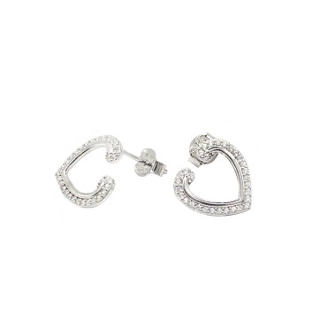 Orecchini a lobo sagoma cuore semi zirconato bianco placcato oro bianco in argento 925
