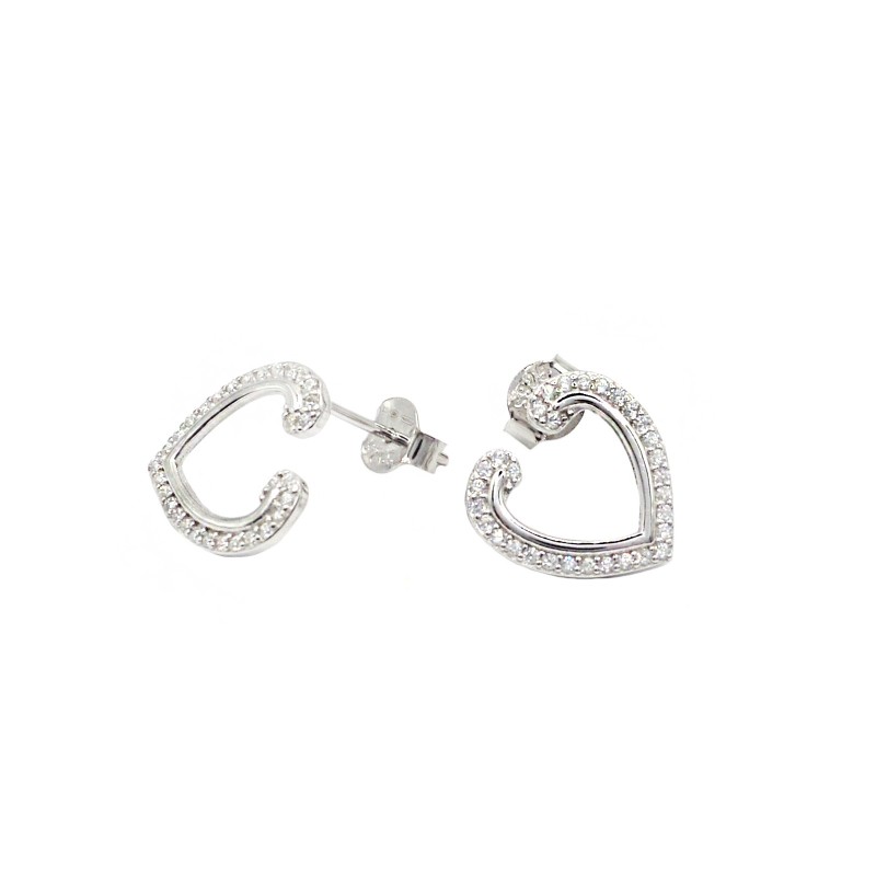 Orecchini a lobo sagoma cuore semi zirconato bianco placcato oro bianco in argento 925