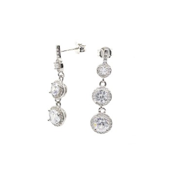 Orecchini 3 zirconi tondi degradè bianchi su base placcata oro bianco con cornice di zirconi bianchi in argento 925