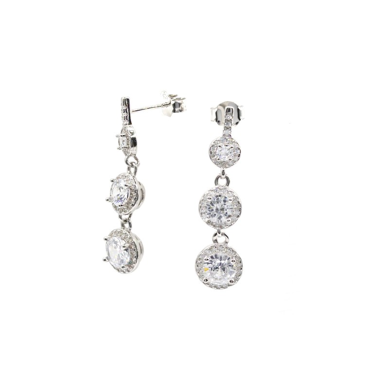 Orecchini 3 zirconi tondi degradè bianchi su base placcata oro bianco con cornice di zirconi bianchi in argento 925