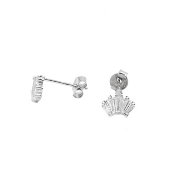 Orecchini a lobo corona con baguette bianche placcati oro bianco in argento 925