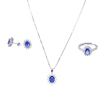 Completo collana,anello e coppia di orecchini a ovali blu in cornice di zirconi bianchi in argento925