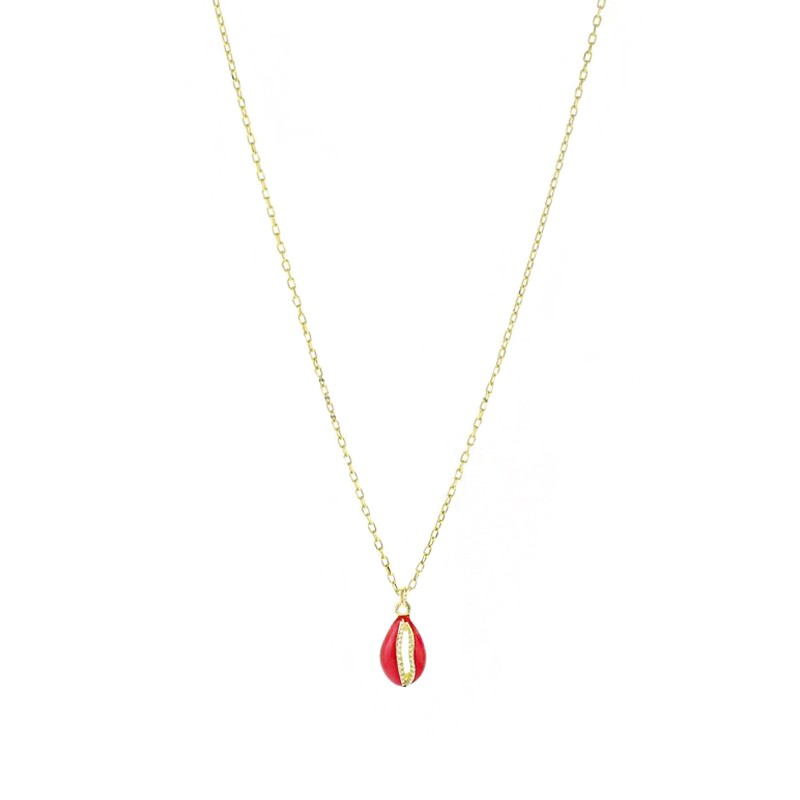 Forced link necklace with rounded shell pendant, engraved, perforated and red enamelled yellow gold plated in 925 silver