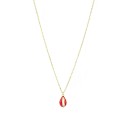 Forced link necklace with rounded shell pendant, engraved, perforated and red enamelled yellow gold plated in 925 silver