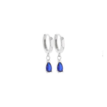 Square section hoop earrings with white gold plated blue zircon drop pendant in 925 silver