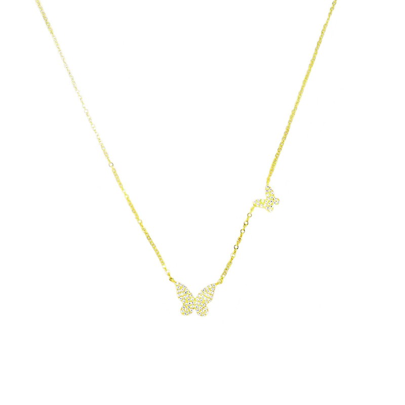 Forced link necklace with central and lateral butterfly paved with white zircons yellow gold plated in 925 silver