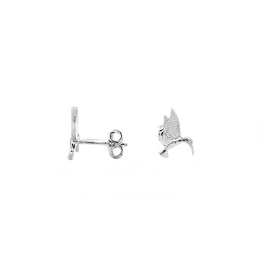 925 Sterling Silver White Gold Plated Hummingbird Press-On Ear Studs with Engraved Wings