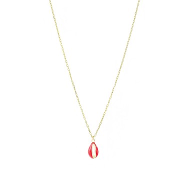 Forced link necklace with rounded shell pendant, engraved, perforated and enameled orange yellow gold plated in 925 silver