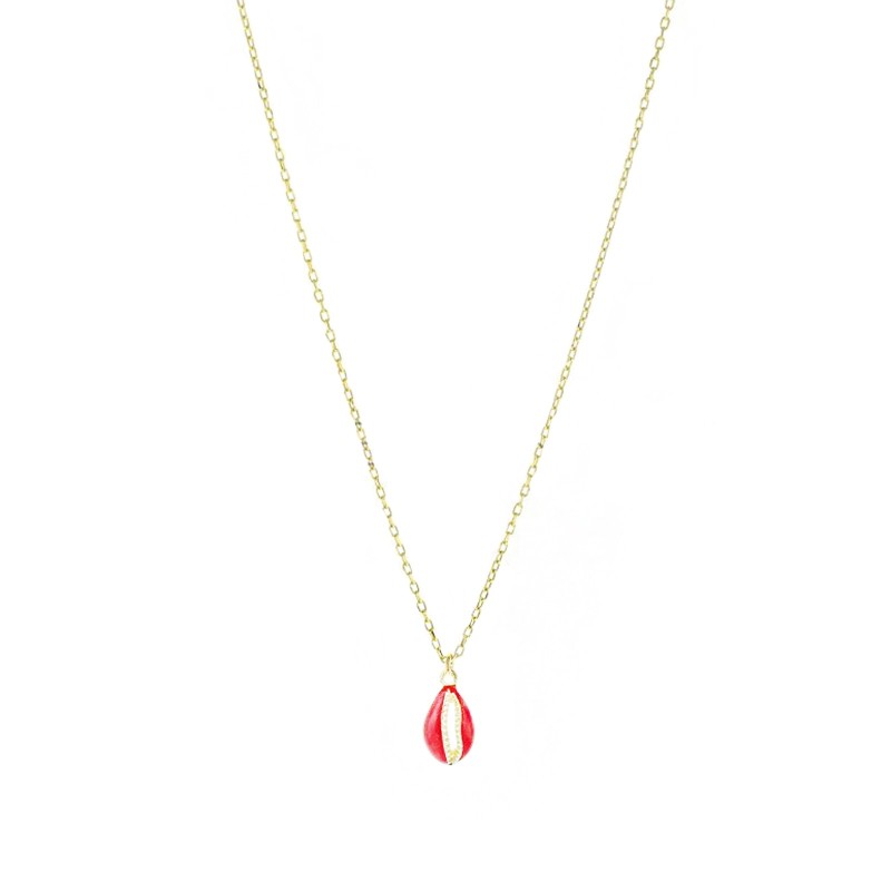 Forced link necklace with rounded shell pendant, engraved, perforated and enameled orange yellow gold plated in 925 silver