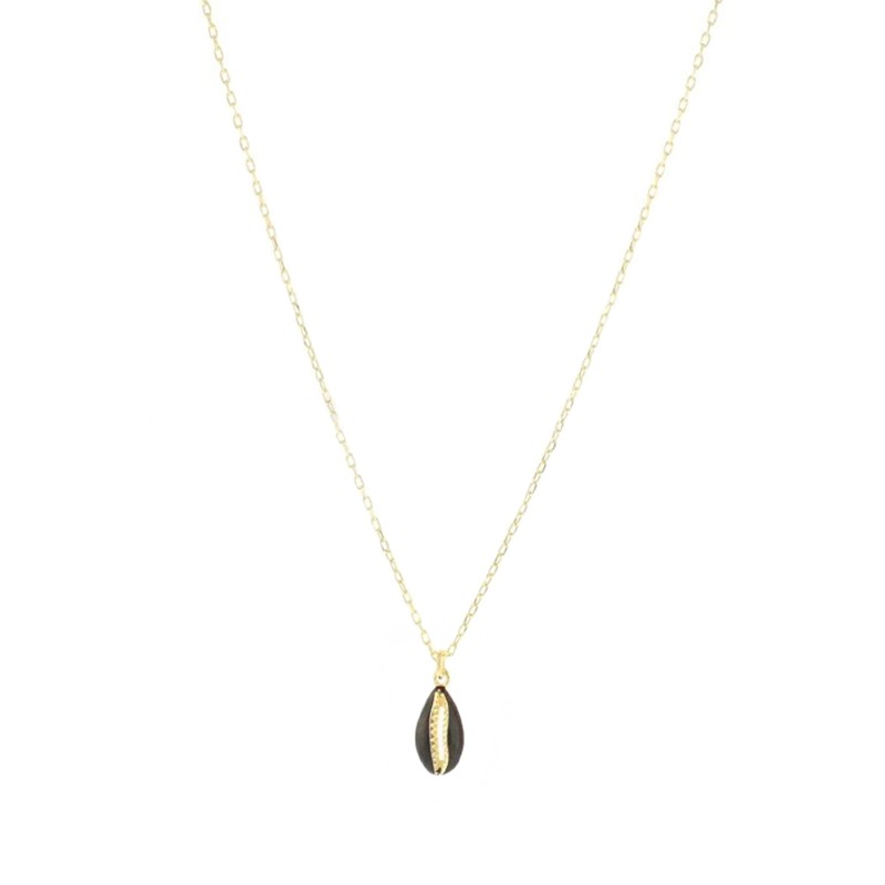 Forced link necklace with rounded shell pendant, engraved, perforated and black enameled yellow gold plated 925 silver
